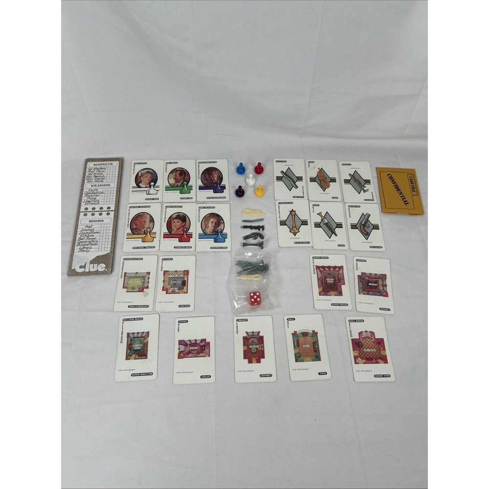 Clue Board Game Replacement Parts 1992 Tokens Weapons Cards